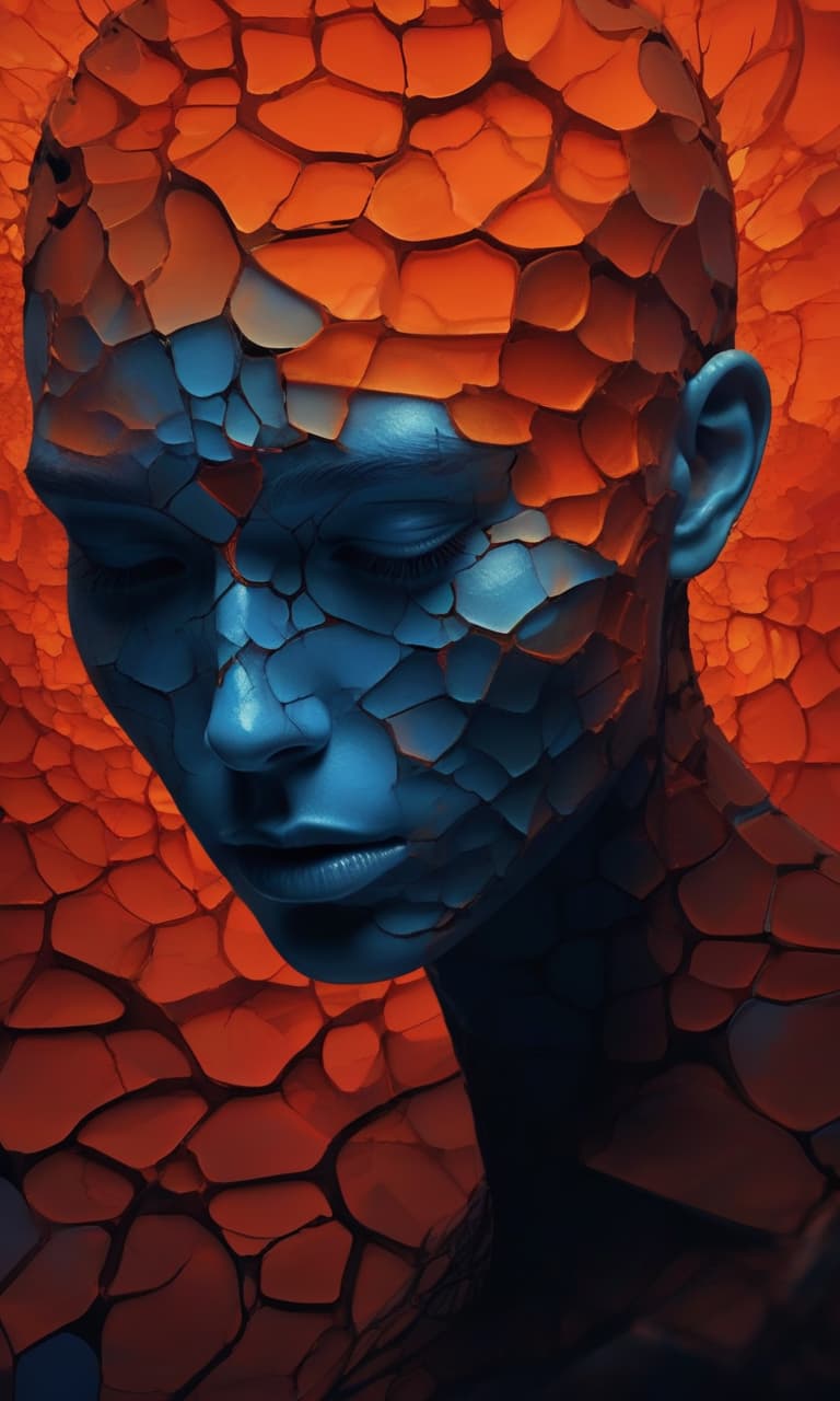  (striking close up:1.3) of a (person's face:1.2) emerging from a (cracked surface:1.3), capturing deep emotions in vibrant (orange and blue colors:1.2). the (fractals:1.3) swirl around a (human silhouette:1.1) intertwined with (red fluid:1.2), creating a mesmerizing contrast. this (digital painting:1.3), inspired by (igor morski:1.1), showcases intricate details of (skin texture:1.2) and (expressive eyes:1.3) that draw the viewer in, while the background hints at a (full body artwork:1.1) that remains just out of focus