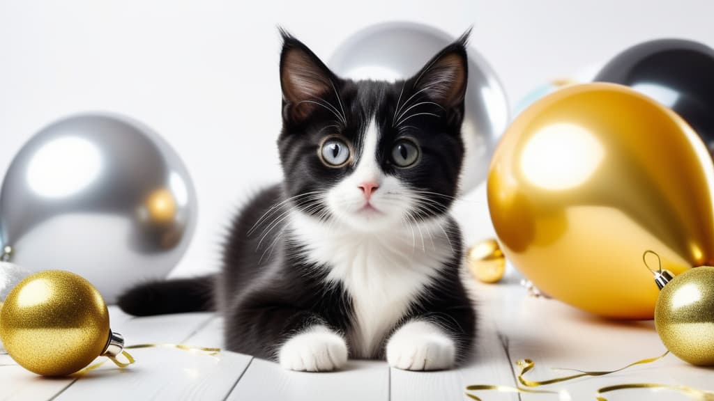  Christmas cat. Cat with gold and silver foil balloons. Black kitten on a Christmas festive white background. ar 16:9 high quality, detailed intricate insanely detailed, flattering light, RAW photo, photography, photorealistic, ultra detailed, depth of field, 8k resolution , detailed background, f1.4, sharpened focus