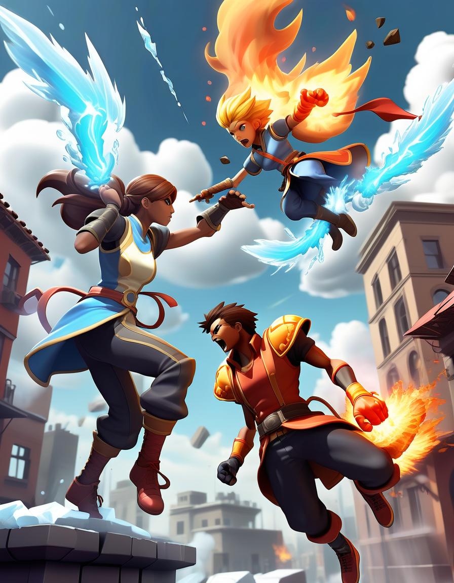  fighting game style magical battle in the air: two characters fight in the sky, each with unique magical abilities. one causes fire, the other causes ice. fragments of buildings hover around them, creating a sense of chaos. . dynamic, vibrant, action packed, detailed character design, reminiscent of fighting video games