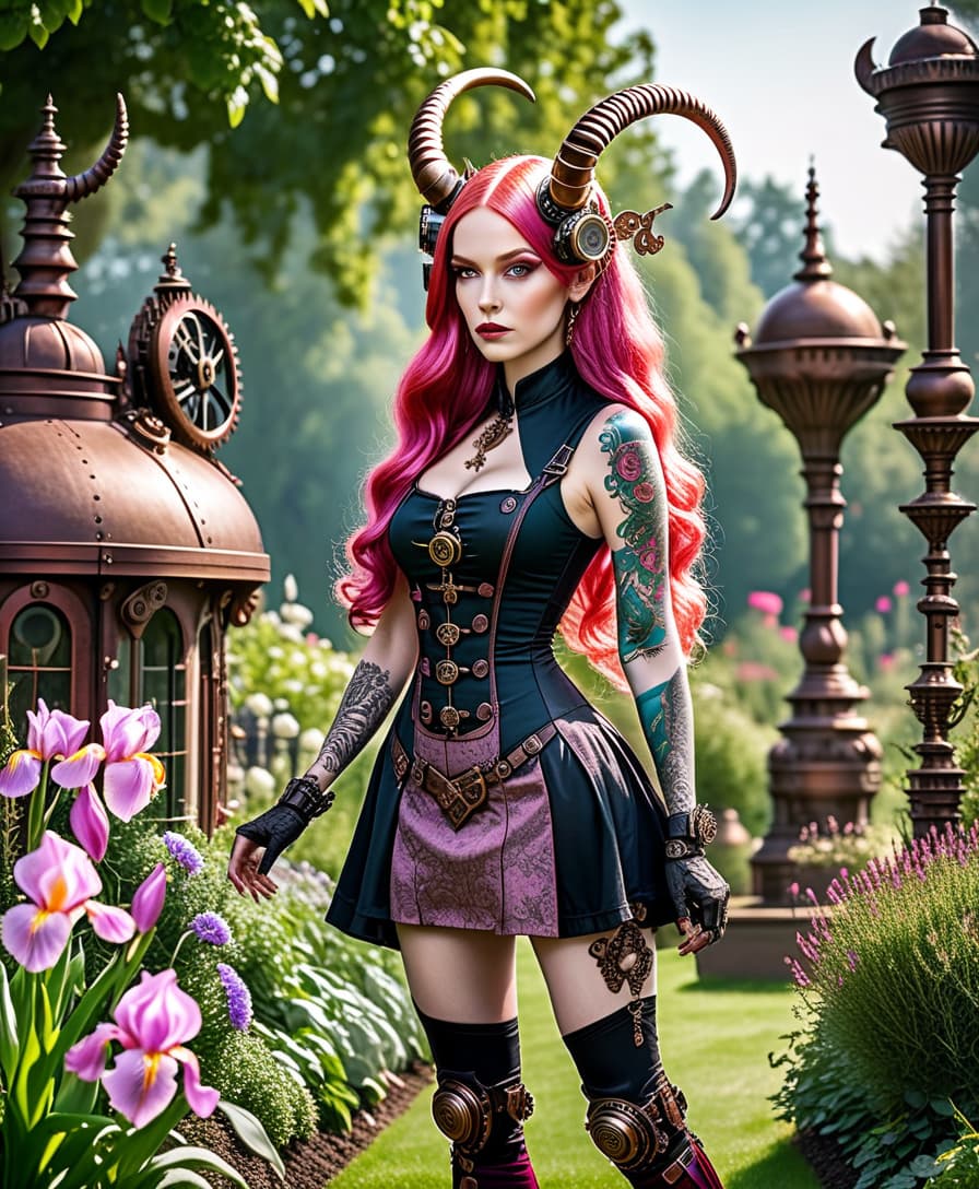  steampunk style girl tifling, pink long hair, red unrealistic skin, stands in the garden, horns on the head, perfect skin, fine facial features, pink iris, summer dress, tattoos, piercing in the ears, slender legs, wavy , realistic light, show with feet, 8k,hdr,steampunk style, masterpiece, hyperrealisme, extreme detalied, . antique, mechanical, ss and copper tones, gears, intricate, detailed, perfecteyes