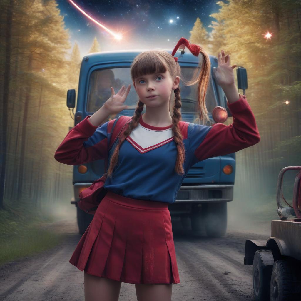  space themed crazy schoolgirl with the face of a movie actress, with pigtails in red school uniform on a truck waving a magic wand, dirty forest road, truck, summer, magic, photorealistic, 4k . cosmic, celestial, stars, galaxies, nebulas, planets, science fiction, highly detailed