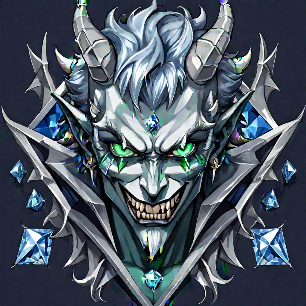  diamond devil, portrait. dark green eyes, man. kind. hair gray. with fangs and horns. colors blue, blue, silver