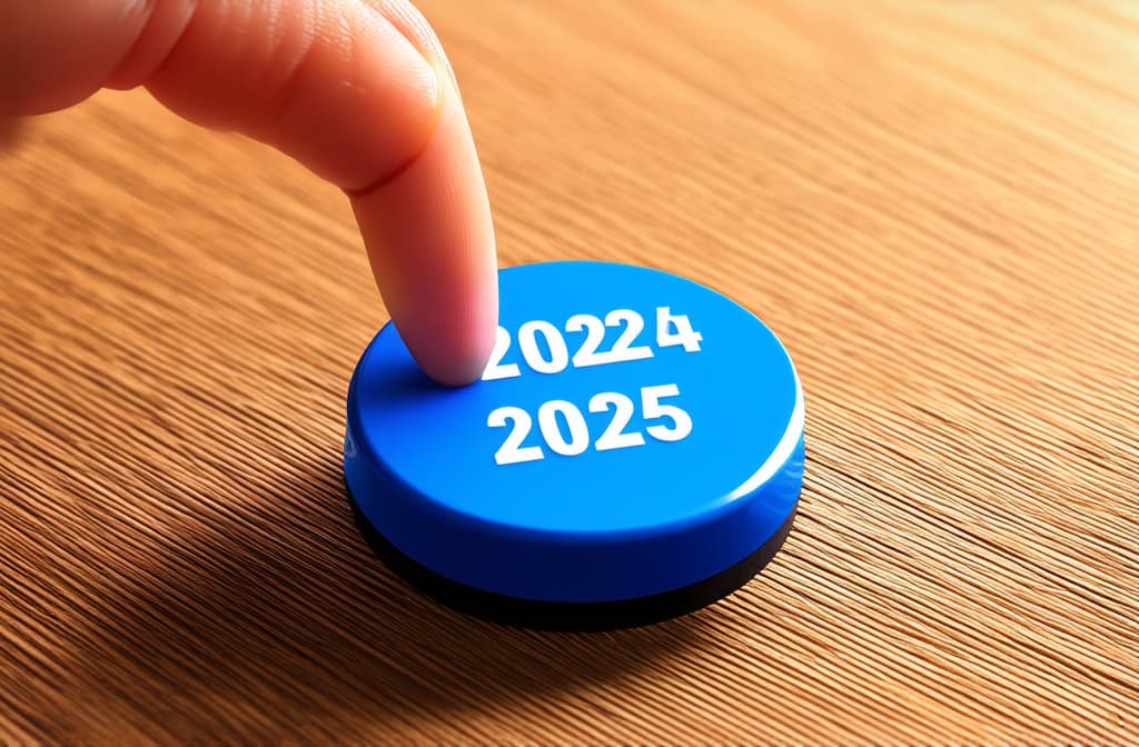  happy new year 2024,finger about to twist the start button 2024 with the text 2023,2024,2025 and start on twist button.concept of planning,start,career path,business strategy,opportunity and change ar 3:2 {prompt}, maximum details