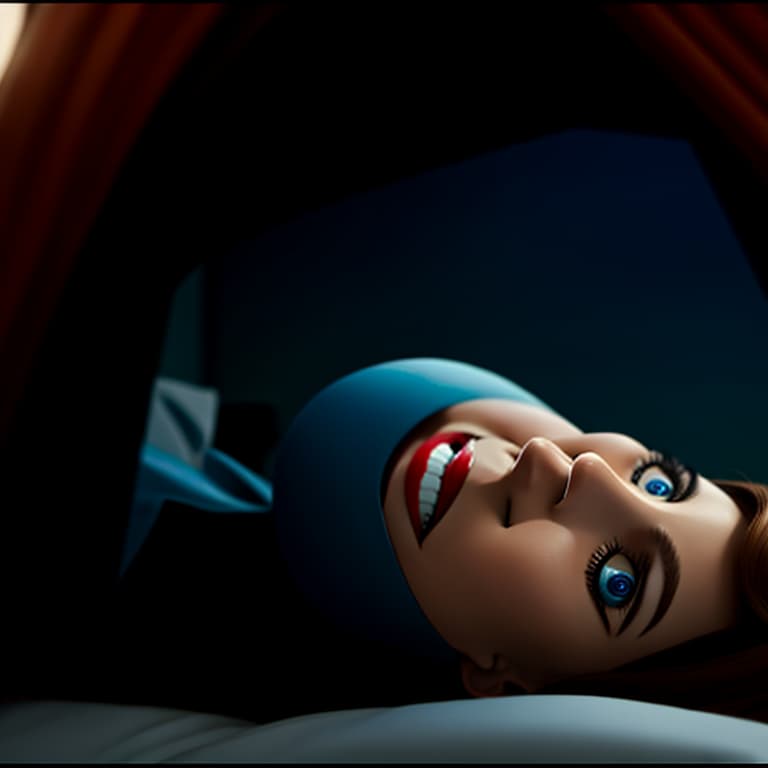  A woman in the likeness of (Scottish Woman: 0.4, Katy Perry:0.4, Julia Roberts:0.2) is lying on a bed, brown hair, blue eyes, nice smile, centered and in frame