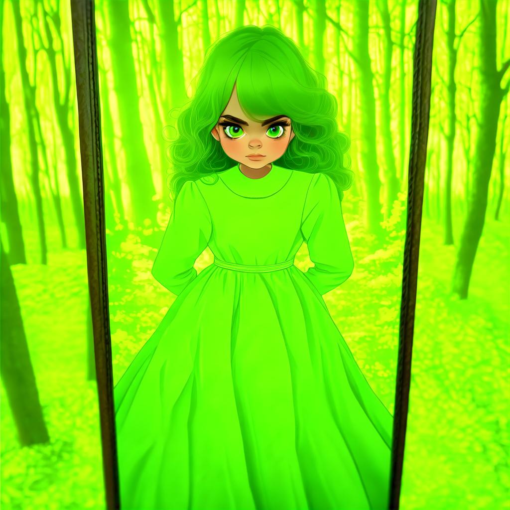  girl standing against the background of a green forest . girl in a beautiful green dress . she holds in her hands a large old frame