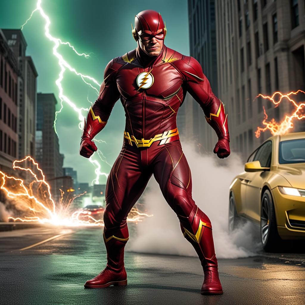  A highly detailed comic-style character design combining the Flash with more emphasis on the Flash's features than on Hulk. The character should have the Flash's iconic red suit with lightning motifs but with Hulk's green skin and muscular physique. Integrate features such as the Flash's mask and sleek suit design, but with the considerable size and strength of Hulk. The character should be in a dynamic action-oriented pose, showcasing both the Flash's super speed and Hulk's power. hyperrealistic, full body, detailed clothing, highly detailed, cinematic lighting, stunningly beautiful, intricate, sharp focus, f/1. 8, 85mm, (centered image composition), (professionally color graded), ((bright soft diffused light)), volumetric fog, trending on instagram, trending on tumblr, HDR 4K, 8K