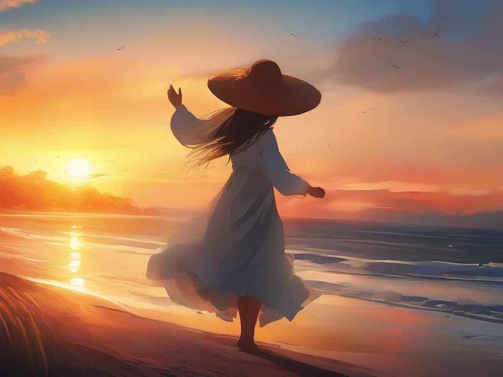  one girl, long hair, straw hat, white dress, raising hands, front, beach, sunset