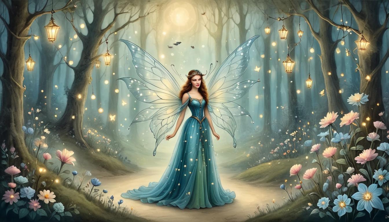  on parchment, surrealism+++, fairy surrounded by twinkling lights, delicate wings, forest glen with sparkling flowers, enchanting scene(mysterious, provocative, symbolic,muted color)+++