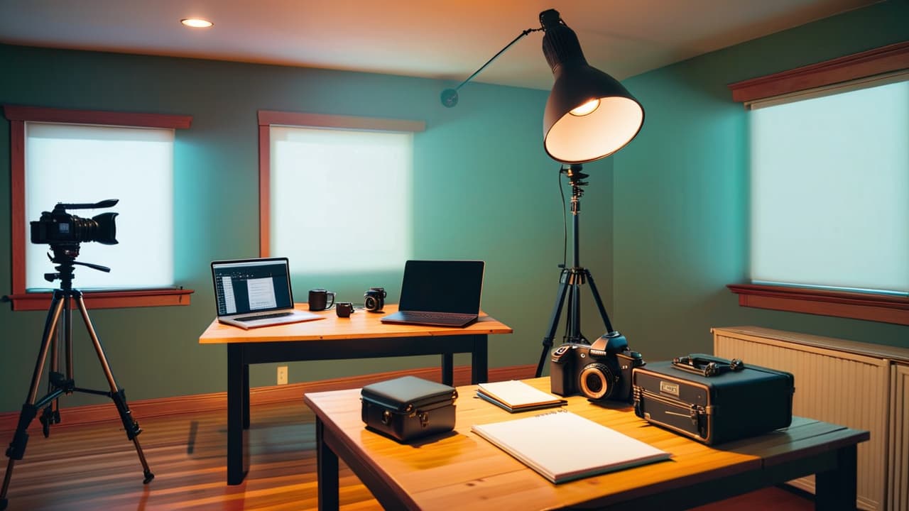  a serene photography studio setting with a professional camera on a tripod, a softbox illuminating a model, a laptop displaying a pricing table, and a notepad with sketches of creative ideas scattered on a wooden table. hyperrealistic, full body, detailed clothing, highly detailed, cinematic lighting, stunningly beautiful, intricate, sharp focus, f/1. 8, 85mm, (centered image composition), (professionally color graded), ((bright soft diffused light)), volumetric fog, trending on instagram, trending on tumblr, HDR 4K, 8K