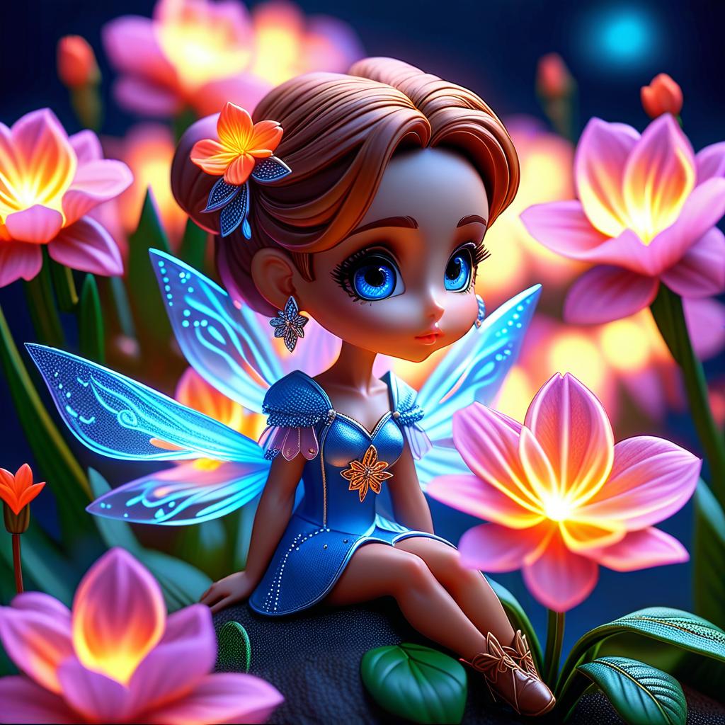  best quality, hd, a small blue fairy with large ears sitting inside a glowing translucent flower, with a dark blue background and orange flowers in the foreground, the fairy is glowing with blue light, the flower is glowing with pink and purple light. the background is full of small white stars. the fairy has a sad expression. the image should be in a realistic style. hyperrealistic, full body, detailed clothing, highly detailed, cinematic lighting, stunningly beautiful, intricate, sharp focus, f/1. 8, 85mm, (centered image composition), (professionally color graded), ((bright soft diffused light)), volumetric fog, trending on instagram, trending on tumblr, HDR 4K, 8K