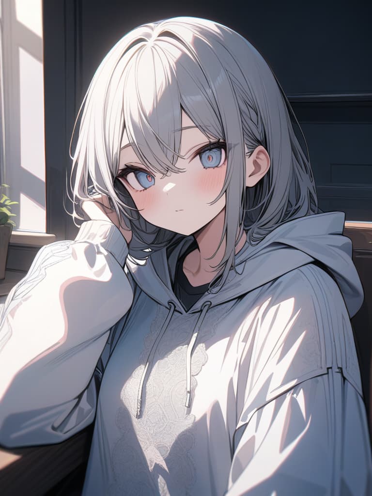  cute, subculture, gray hair, moe sleeve, odd eye, hoodie, light blue, angel, genius, masterpiece, best quality,8k,ultra detailed,high resolution,an extremely delicate and beautiful,hyper detail