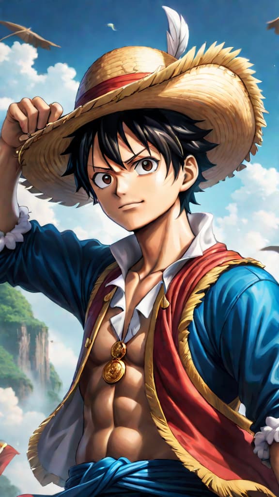  anime art: luffy's d. lineage aligns with the celestial prophecy in one piece's cosmic tale. hyperrealistic, full body, detailed clothing, highly detailed, cinematic lighting, stunningly beautiful, intricate, sharp focus, f/1. 8, 85mm, (centered image composition), (professionally color graded), ((bright soft diffused light)), volumetric fog, trending on instagram, trending on tumblr, HDR 4K, 8K