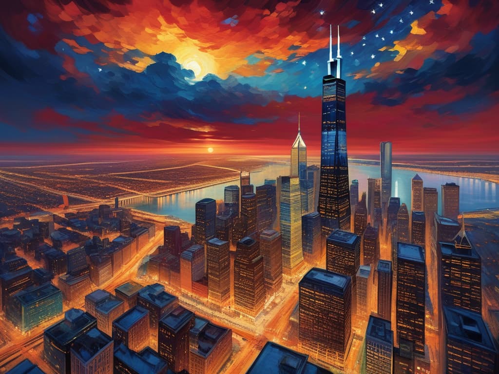  ethereal fantasy concept art of sears tower, crain's communications building, drone view, tilt shift, van gogh's starry night, colorful red orange swirls, cloud gate, hyper realistic, chicago skyline, mesmerizing, intricate details, flambient golden red sunrise, dramatic lighting, epic composition, wide angle, cinematic, masterpiece, 4k, raw photo, van gogh influence, studio lighting, impressionist, bold colors, starry sky, architectural elements, medium format lens, high angle, cityscape, city life, metropolitan, van gogh's brushstrokes, van gogh's shadows, van gogh's colors, van gogh's textures, nighttime, city scene, streets, night cityscape. magnificent, celestial, ethereal, painterly, epic, majestic, magical, fantasy art, cover art, dr