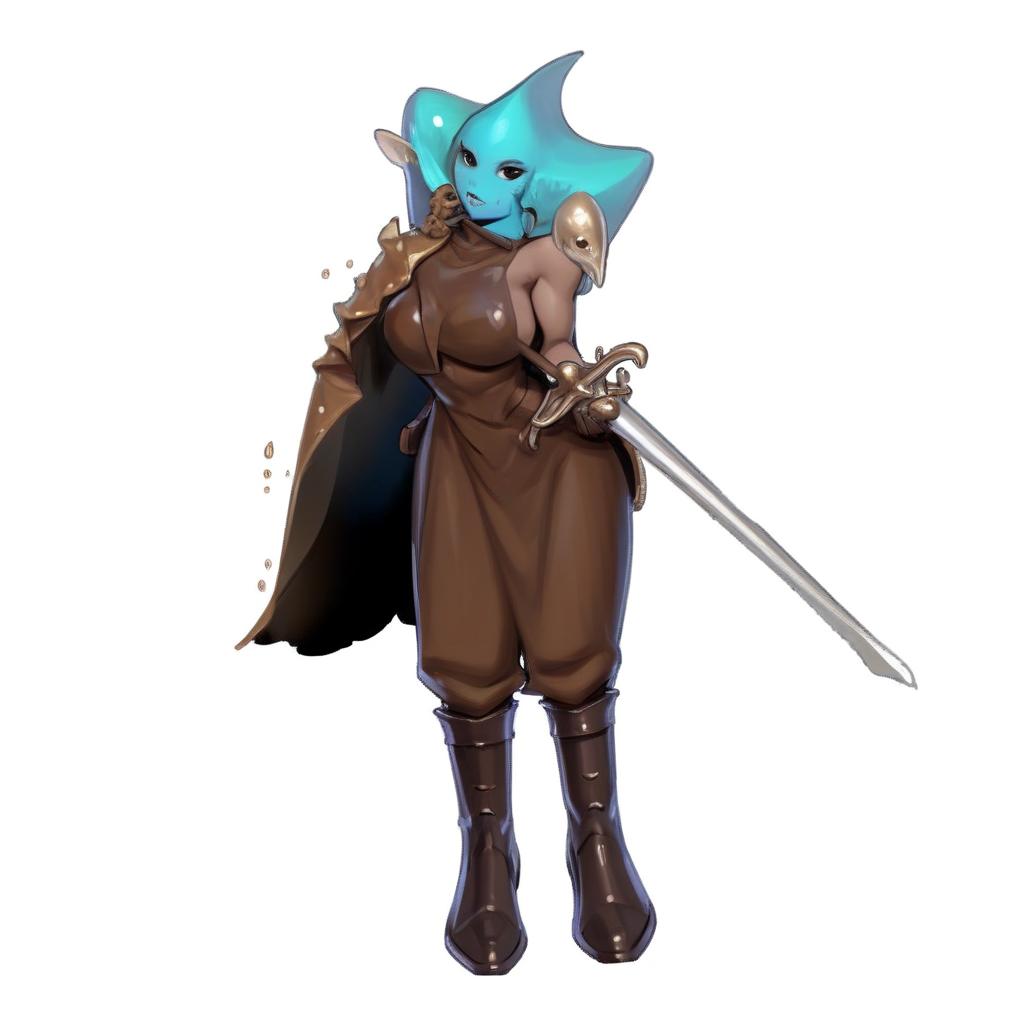  feamle, merfolk , brown eyes, blue skin, brown medival clothes , drark brown boots, rapier on side, brown, cloack