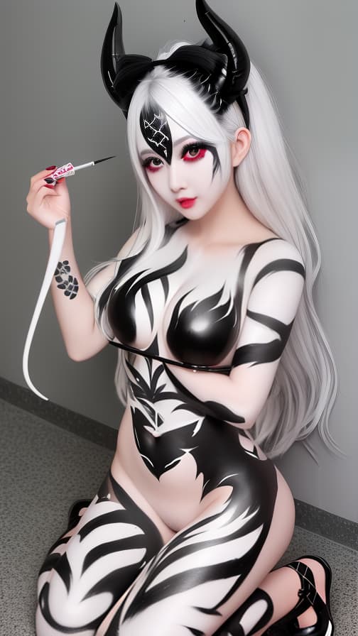  Black and White flame pattern body paint in every corner of the whole body,Grey body paint full body, White flame pattern face paint on the face, two succubus sisters, full body image 女性