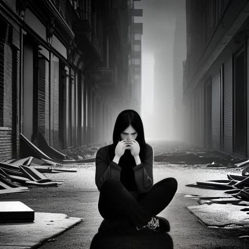  A distant, black and white image. A girl sits in a corner holding her head, experiencing fear. In a ruined building. I see a bright light nearby, but I don't look at it., (Noir), black and white , detective , crime , mystery hyperrealistic, full body, detailed clothing, highly detailed, cinematic lighting, stunningly beautiful, intricate, sharp focus, f/1. 8, 85mm, (centered image composition), (professionally color graded), ((bright soft diffused light)), volumetric fog, trending on instagram, trending on tumblr, HDR 4K, 8K