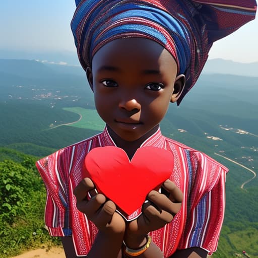  Fair Ghanaian boy holding a heart in his hands on a mountain