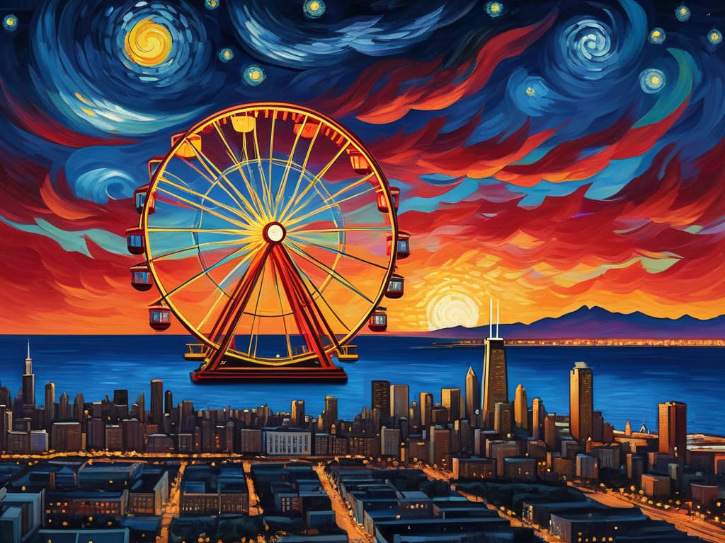  concept art chicago’s centennial ferris wheel, chicago’s navy pier, van gogh's starry starry night with colorful red and orange swirls in the beautiful night sky, chicago skyline with colorful van gogh swirls in the sky, hyper realistic, chicago skyline, mesmerizing, intricate details, flambient golden and red sunrise, dramatic lighting, epic composition, wide angle, cinematic, masterpiece, high resolution, sharp details, best quality, 4k, raw photo, van gogh influence, studio lighting, impressionist, bold colors, starry sky, architectural elements, medium format lens, high angle, cityscape, city life, metropolitan, van gogh's brushstrokes, van gogh's shadows, van gogh's colors, van gogh's textures, nighttime, city scene, streets, night