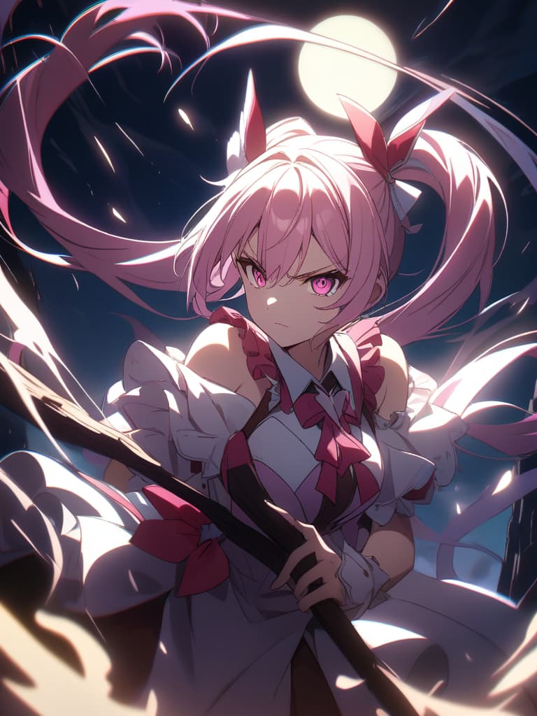  ((pink hair,twin tails, girl,,ta,magical girl,cute,,rabbit ears,moon shaped decoration,frills,stick with ribbon,in battle,serious face,cute,rabbit,pink eyes,flying in the sky))、ultra detailed,best shadow,cute and beautiful face,(masterpiece:1.2),(best quality:1.2),detailed background,high contrast,(best illumination,an extremely delicate and beautiful),((cinematic light)),hyper detail,dramatic light,intricate details,8k,anime,very aesthetic