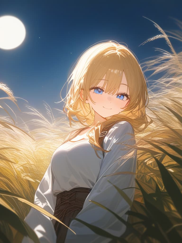  blond, girl, blue eyes, moon watching, pampas grass, smiling, rabbit, rabbit ears, masterpiece, best quality,8k,ultra detailed,high resolution,an extremely delicate and beautiful,hyper detail