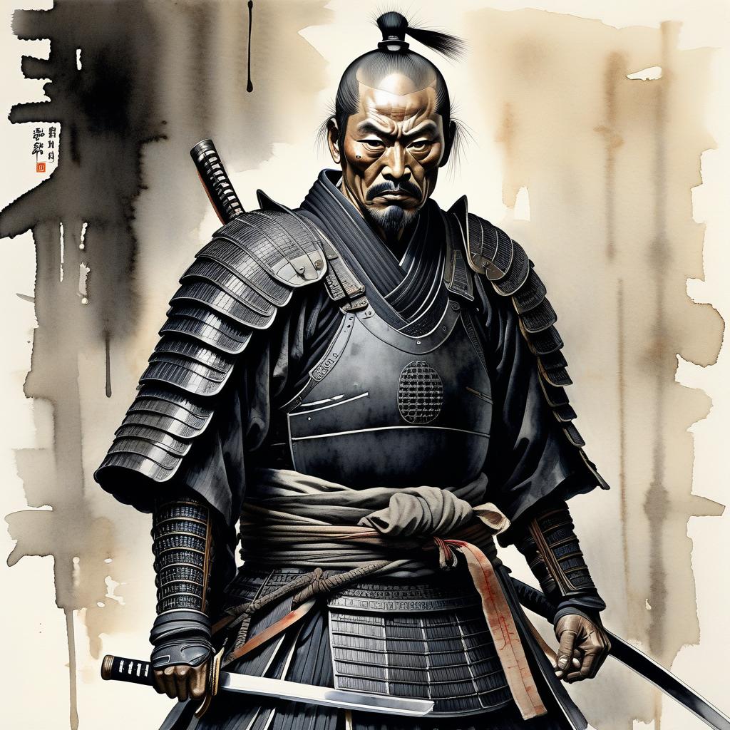  a tall, thin samurai of indeterminate age, in full quality black samurai armor. pale white skin with a grayish tint, (sharp predatory features, his face looks gloomy and exhausted), there are dark circles under his eyes from fatigue (his hair is long and black with rare gray strands). his whole appearance makes a gloomy and stern impression. (dim, watercolor 2 but extremely beautiful:1.4), (intricate details, masterpiece, best quality:1.4), japanese style ink drawing, ink drawing, ink wash, japanese style ink drawing, looking at viewer