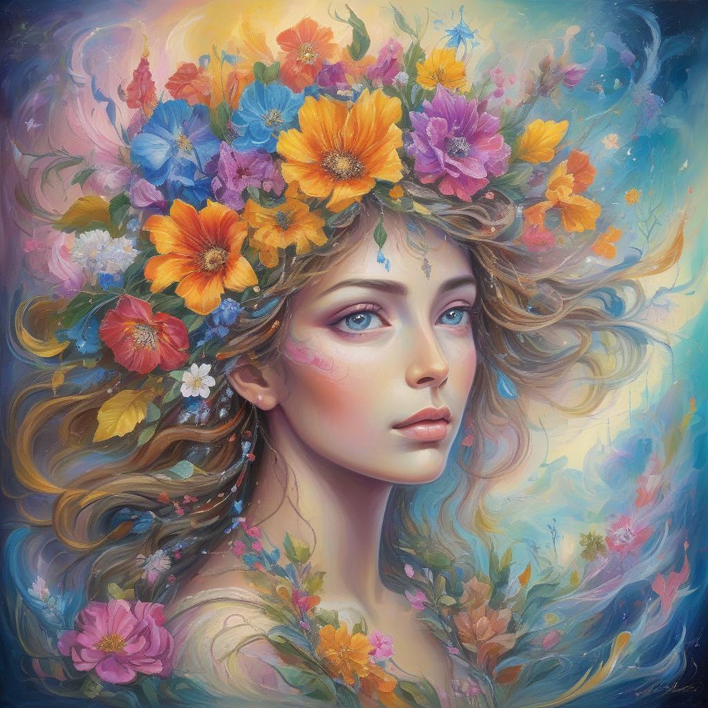  abstract expressionist painting a painting of a woman with flowers in her hair, beautiful fantasy art portrait, beautiful fantasy portrait, beautiful fantasy painting, colorfull digital fantasy art, beautiful detailed fantasy, very beautiful fantasy art, beautiful fantasy art, inspired by josephine wall, romanticism art style, intricate fantasy painting, highly detailed fantasy art, anime art nouveau cosmic display, . energetic brushwork, bold colors, abstract forms, expressive, emotional