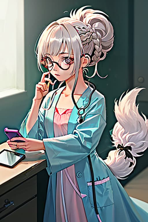  a girl in a medical gown that goes looking at the phone and texting. her hair is tied in a tail, and her face has glasses