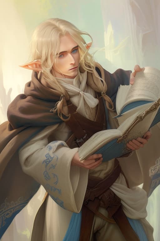  a beautiful elf with long straw hair and blue eyes, dressed in a white shirt and beige pants, hangs a brown cloak on his shoulders, holds an open book in his hands