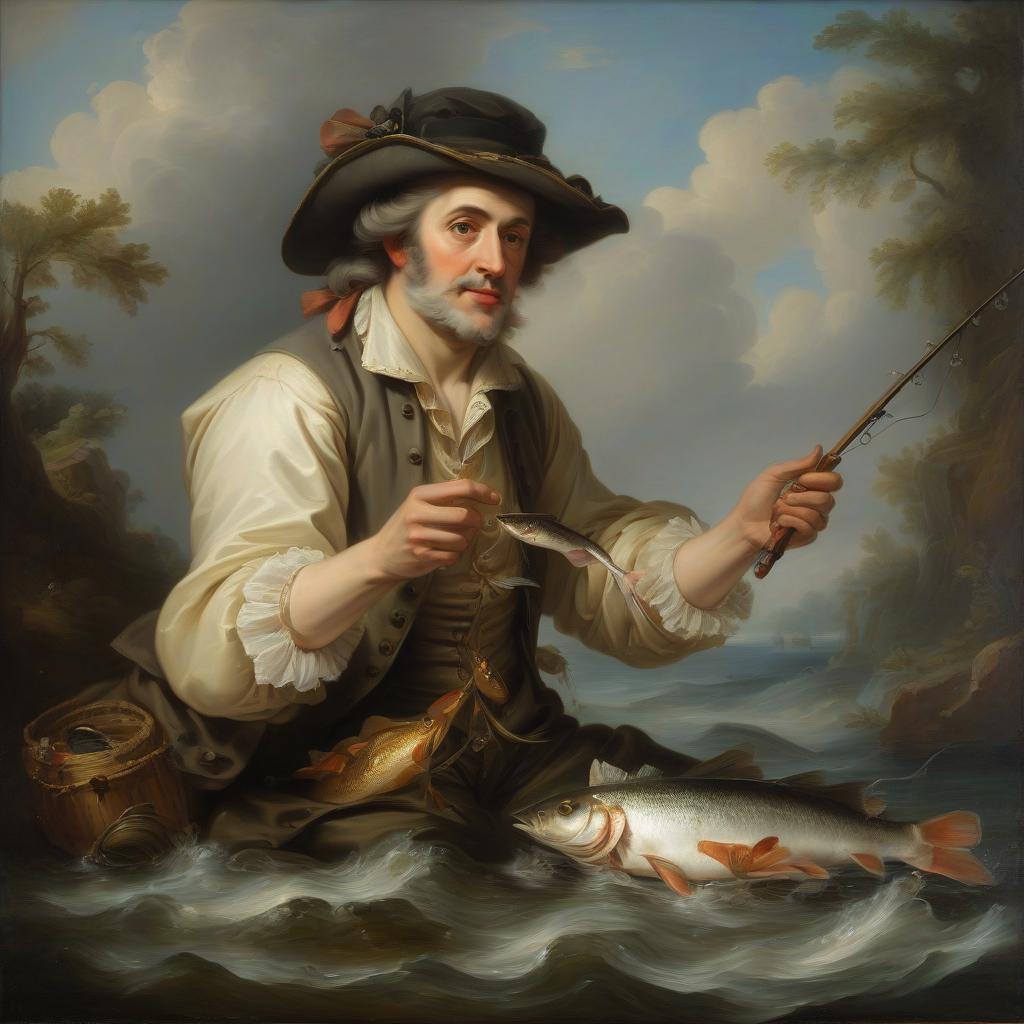  rococo, oil, canvas, high quality image, fisherman catching fish