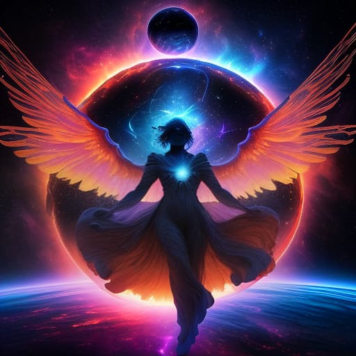  a celestial figure rising above a planet, engulfed in flames of light with outstretched wings, surrounded by swirling galaxies, distant planets, and vibrant nebulas. the space environment glows in shades of blue, purple, and deep black, contrasted by warm yellows and reds radiating from the central figure.