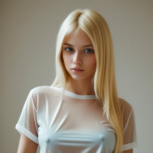  Blonde woman with a transparent t shirt