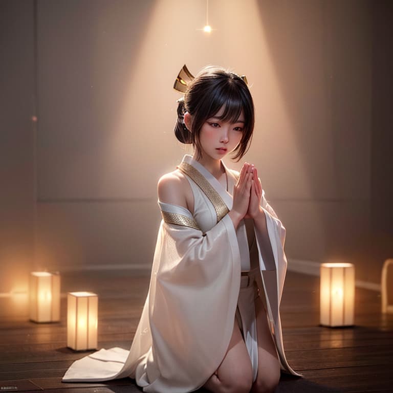  ultra detailed 8k cg, ultra realitsic, masterpiespotlight, cinematic lighting, (1 woman) miko praying sparkling