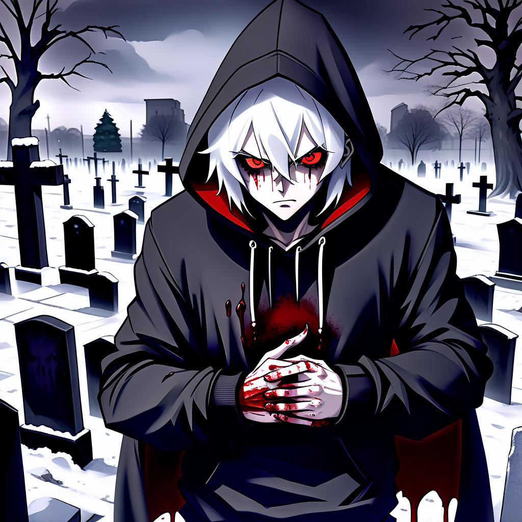  anime artwork a vampire with bloody scarlet eyes, white as snow hair. arrogantly and calmly looks from top to bottom, putting his hands in the pockets of a black hoodie, from which legs look out. snowy cemetery in the background and overcast weather. . anime style, key visual, vint, studio anime, highly detailed