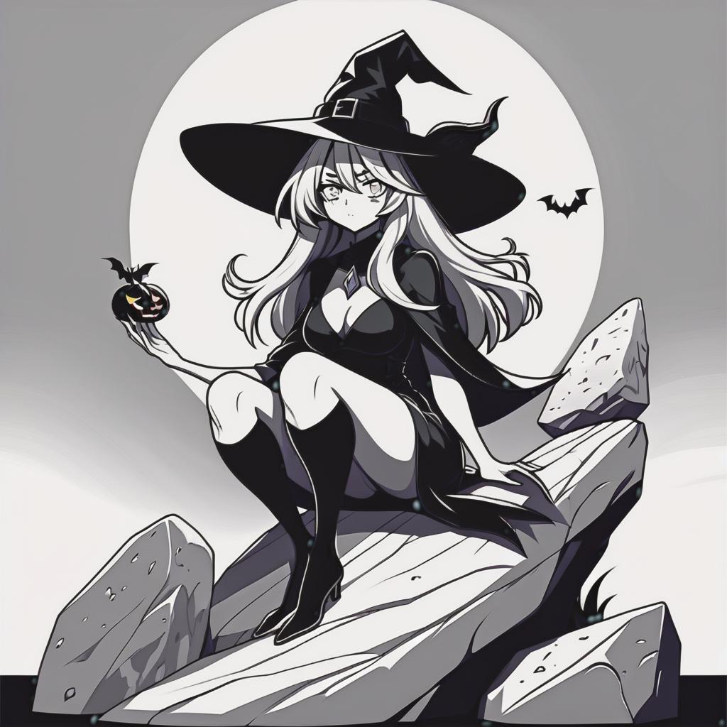  line art drawing witch sit on stone, same nightmare. anime style . professional, sleek, modern, minimalist, graphic, line art, vector graphics