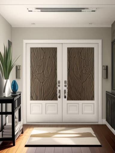  foyer, describe, your, dream, vacation. the room depicted in the image exhibits a minimalist and contemporary living room theme, emphasizing clean lines and neutral tones. contemporary minimalist living room with a white sectional sofa, wooden accent chairs, geometric rug, and large leaf artwork. minimalist, contemporary, living room, white sectional sofa, wooden accent chairs, geometric rug, large leaf artwork exterior door wood colo with black trim