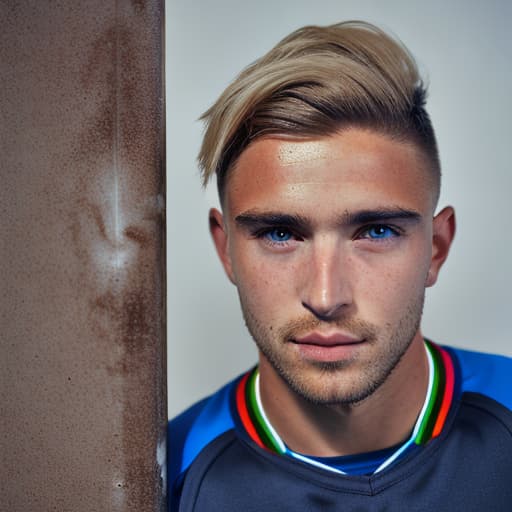 portrait+ style British LGBT queer footballer blonde hunk dude face