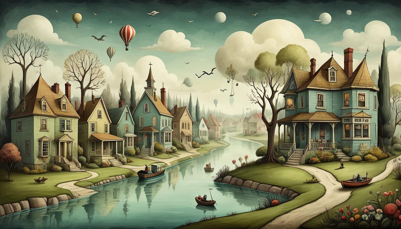  on parchment, surrealism+++, calm scene disrupted, peaceful suburban neighborhood, everything slightly off kilter, objects floating to symbolize lost steadiness, unnervingly quiet, feeling of loss, undercurrent of emptiness(mysterious, provocative, symbolic,muted color)+++