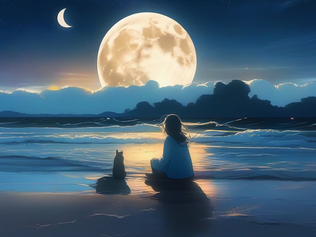  shallow, beach, moon, night, girl, sitting,