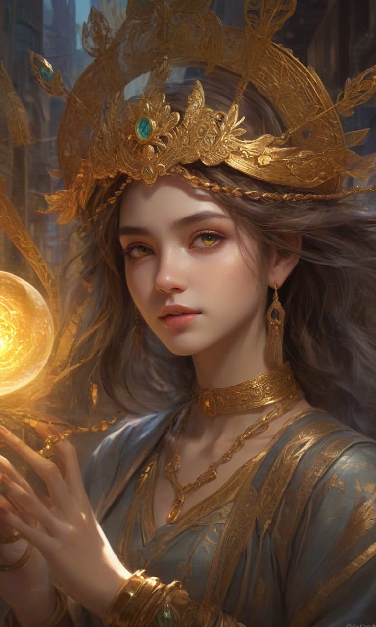  ethereal fantasy concept art of the girl merchants are golden eyes that shine with a bright, magical light, as if energy was burning inside them. the eyes radiate a mystical glow, emphasizing their depth and mystery . magnificent, celestial, ethereal, painterly, epic, majestic, magical, fantasy art, cover art, dreamy, hkmagic