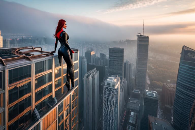  photo of a slender female spiderwoman perched high atop a building, viewed from above, with an intricate background.looking to the viewer hyperrealistic, full body, detailed clothing, highly detailed, cinematic lighting, stunningly beautiful, intricate, sharp focus, f/1. 8, 85mm, (centered image composition), (professionally color graded), ((bright soft diffused light)), volumetric fog, trending on instagram, trending on tumblr, HDR 4K, 8K