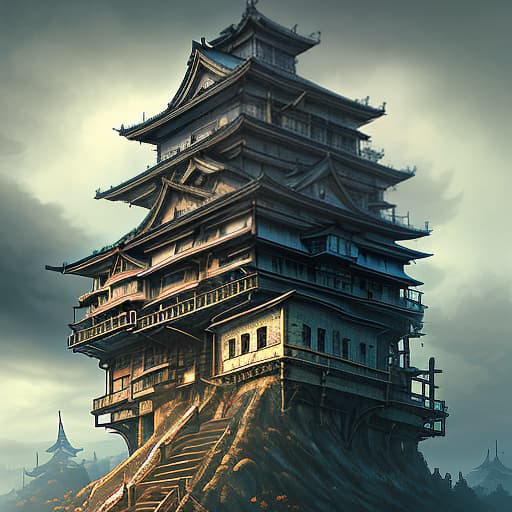  landscape, in the distance, a japanese castle to which 6 narrow stairs lead from different sides, which stands on a clockwork mechanism, a large gear, everywhere clouds, steam, cloudy weather, steampunk, blue sky, dark , creepy , blood , monsters , by jason engle , carlos huante , charlie bowater , simon lee , brom