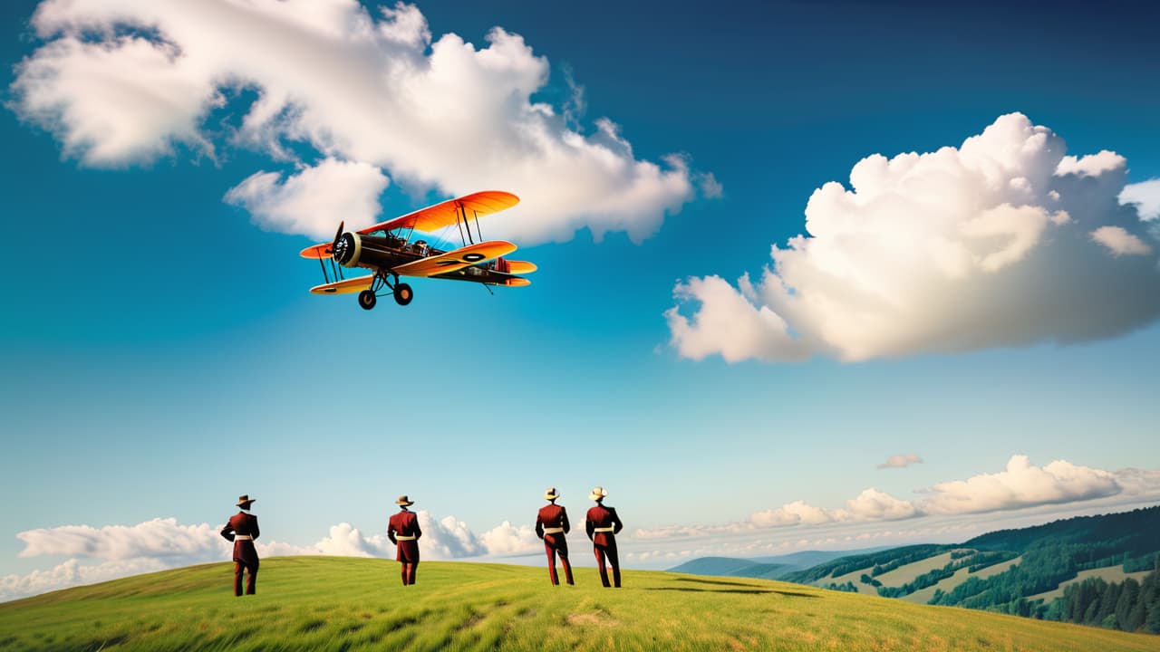  a vintage biplane soaring through a clear blue sky, surrounded by fluffy white clouds, with early aviators in period clothing observing from a grassy hilltop, evoking a sense of adventure and innovation in aviation history. hyperrealistic, full body, detailed clothing, highly detailed, cinematic lighting, stunningly beautiful, intricate, sharp focus, f/1. 8, 85mm, (centered image composition), (professionally color graded), ((bright soft diffused light)), volumetric fog, trending on instagram, trending on tumblr, HDR 4K, 8K