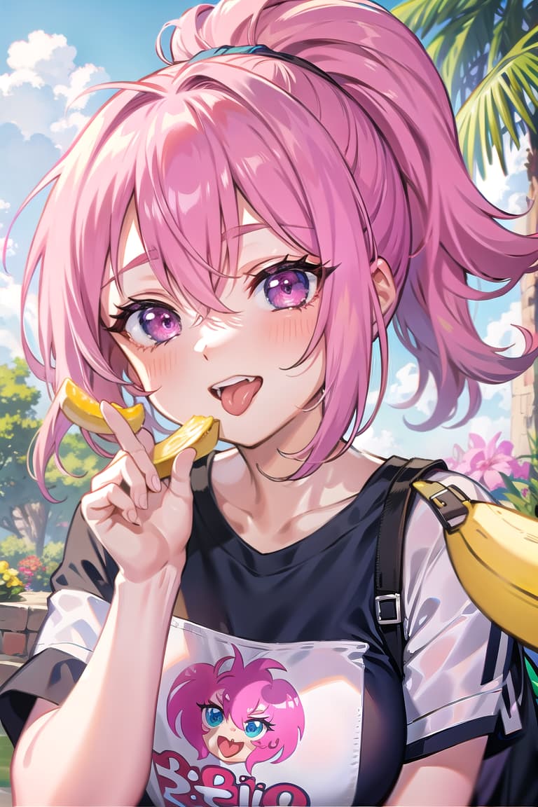  r 18, , middle , pink haired ,ponytail,large eyes,t shirts, , tongue,A woman,A woman, with a mischievous glint in her eye, holds banana suggestively, her tongue king out to the sweet treat.