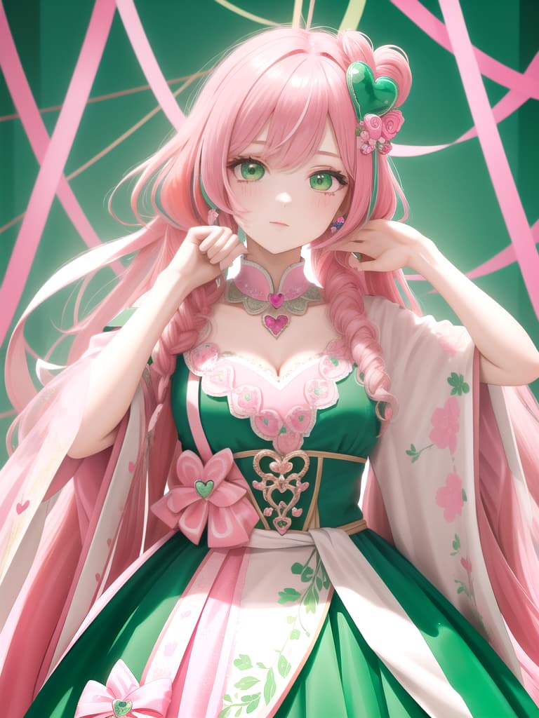  Heart on the head, green eyes, idol, pink hair, masterpiece, best quality,8k,ultra detailed,high resolution,an extremely delicate and beautiful,hyper detail