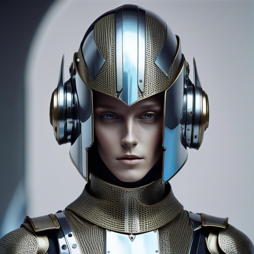  faceless androgynous droid. dressed in high tech but medieval style mirrorscale armor over mirrored scale mail and sleek high tech full face helmet with mirrored visor,