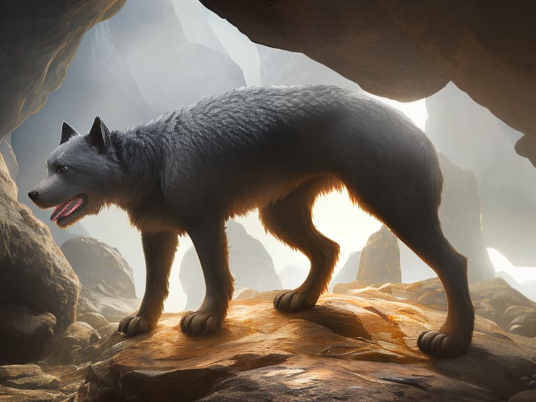  A big stone with a burned dog paw is standing in a cave. hyperrealistic, full body, detailed clothing, highly detailed, cinematic lighting, stunningly beautiful, intricate, sharp focus, f/1. 8, 85mm, (centered image composition), (professionally color graded), ((bright soft diffused light)), volumetric fog, trending on instagram, trending on tumblr, HDR 4K, 8K