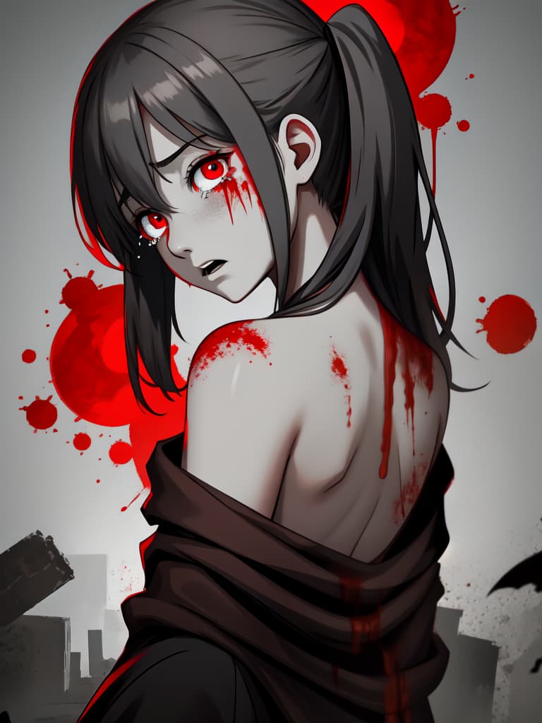  zombie、(shed tears of blood)、((looking back:1.3、head tilt))、glowing red eyes、bare shoulder、gray skin、((bloody expressionless face:1.2))、best quality:1.4、masterpiece:1.4、ultra detailed texture、raw photorealistic、absurd resolution、8k illustration、💩、💩、💩、💩、💩、