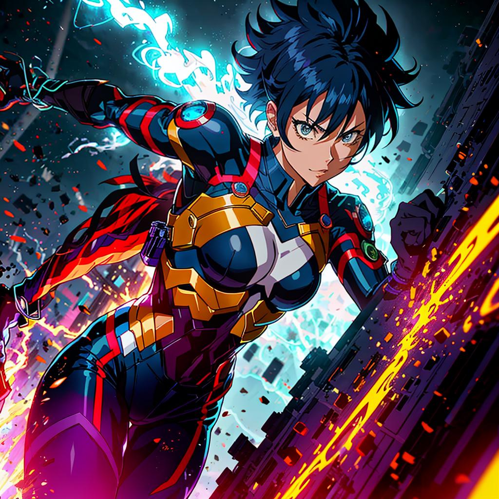  a hero with a costume and a quirk, in the vibrant and dynamic style of kohei horikoshi, with bold colors and exaggerated action poses hyperrealistic, full body, detailed clothing, highly detailed, cinematic lighting, stunningly beautiful, intricate, sharp focus, f/1. 8, 85mm, (centered image composition), (professionally color graded), ((bright soft diffused light)), volumetric fog, trending on instagram, trending on tumblr, HDR 4K, 8K