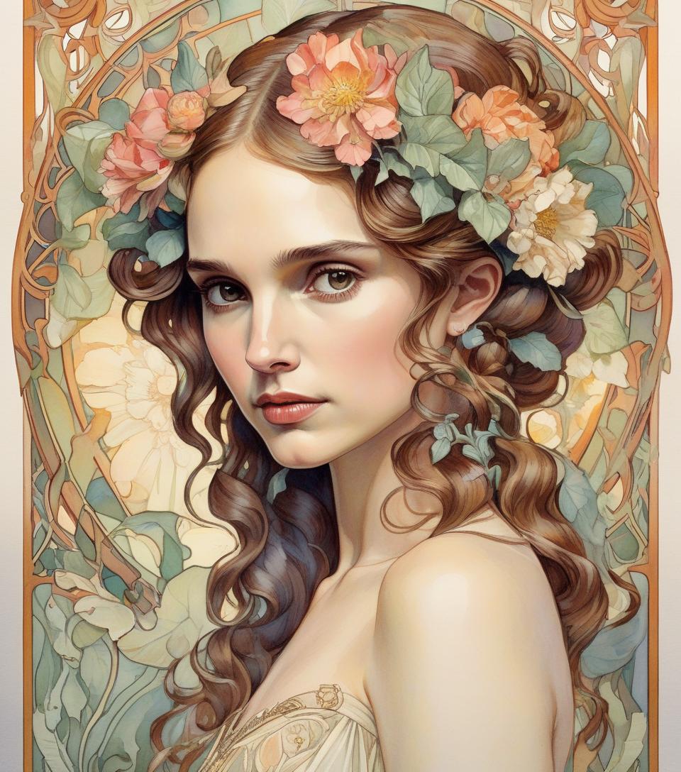  depicts a beautiful woman with flowers in her hair, (natalie portman:1.2), highly detailed watercolor painting, the style of alfons maria mucha and gustav kirmut, art nouveau accents, fairy princess, anthropomorphic woman, female figure, detailed cover artwork, as the flower goddess, alphonse mucha, gustav klimt, pale skin, marble sculpture, society, gothic art, art nouveau, behance contest winner