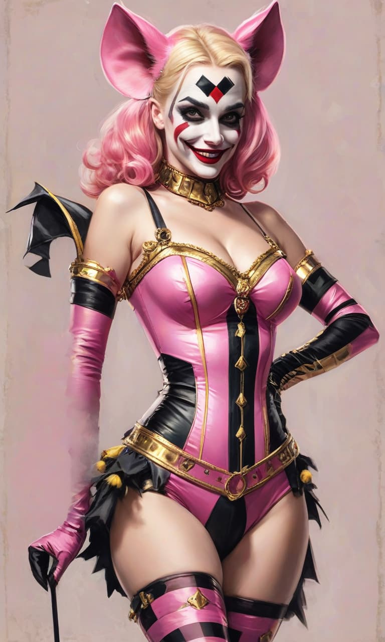  concept art pink, gold, black, white circus margot robbins to the waist in the image of harley quinn in a jester costume two hyena . digital artwork, illustrative, painterly, matte painting, highly detailed, perfect hands